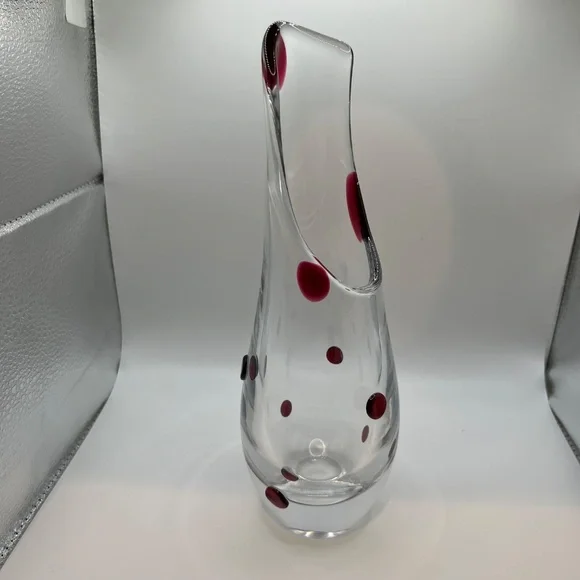 Murano Art Glass Wide Opening Flower Vase - Red Dots. Italian Glass - Picture 11 of 11